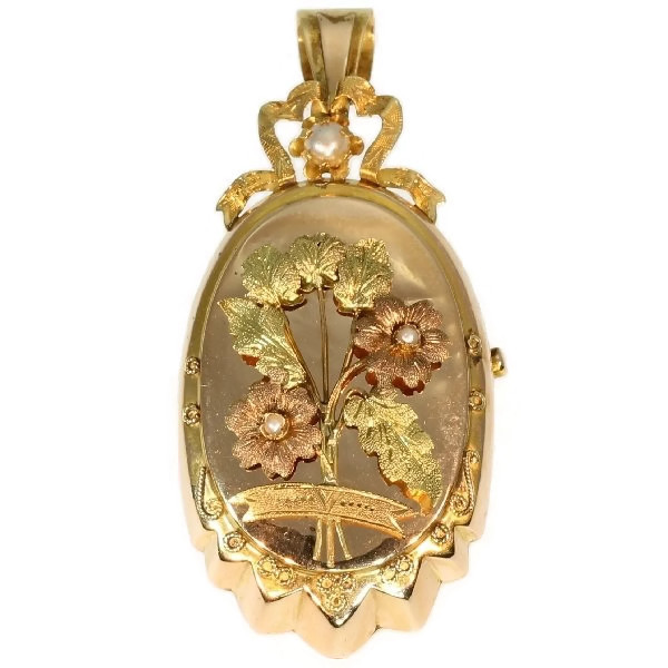Flowery Victorian gold brooch pendant with half seed pearls